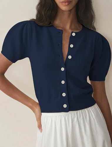 Image of Womens Puff Short Sleeve Cardigan Sweaters Cropped Button up Lightweight Y2k Knit Summer Cardigans