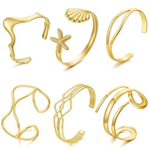 COLOYAN 6PCS Gold Cuff Bracelets Cuff Bangles for Women 14K Gold Plated Twisted Cross Cuff Wire Simple Multilayer Open Thin Bangle Beach Vacation Cuff Bracelets Set
