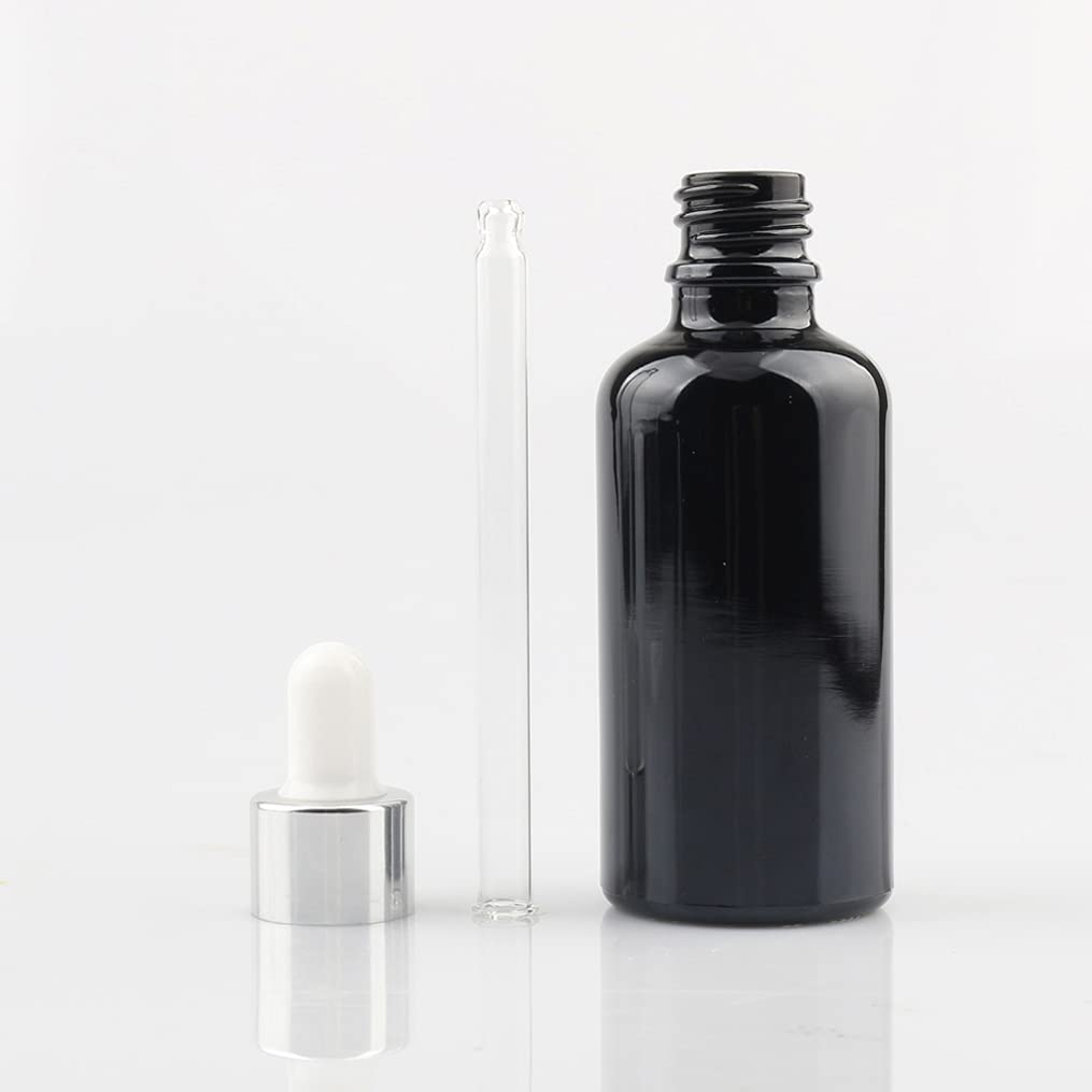 12 Pièce 50ml Bouteille Noir Vide Avec Compte Gouttes Pipette Argent Bouteille pour les huiles essentielles, Parfum,aromathérapie,3x entonnoir