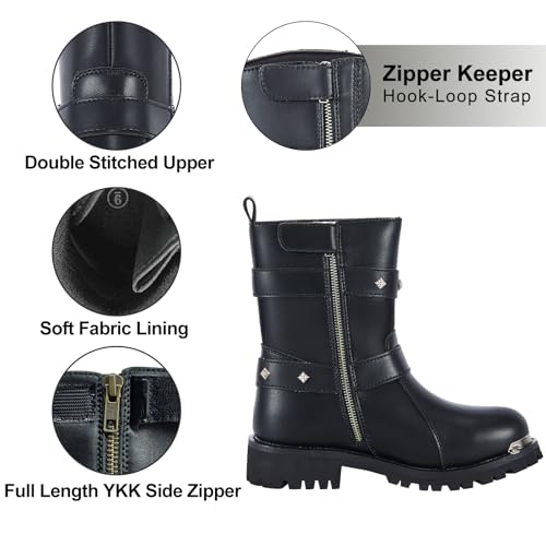 Dream Apparel Women PU Leather Harness Motorcycle Boots for Riding Waterproof Studded Biker Boots with Side Zipper & Buckle, Black Engineer Combat Mid-Calf Footwear3