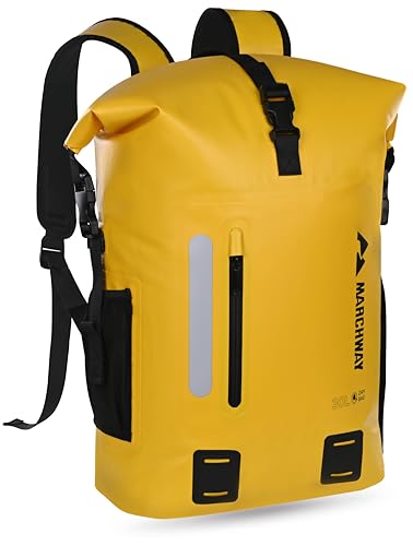 MARCHWAY Roll Top Waterproof Backpack, Floating Dry Bag 20L/30L/45L with Ergonomic Rectangular Base, Cushioned Back, Hip Strap, Gear Loops, MOLLE for Hiking Camping Kayaking Travel (Yellow, 20L)