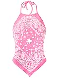 Design by Olivia Women's Sexy Paisley Bandana Halter Top - Y2K Boho Backless Self-Tie Summer Crop Top Shirt Candy Pink L