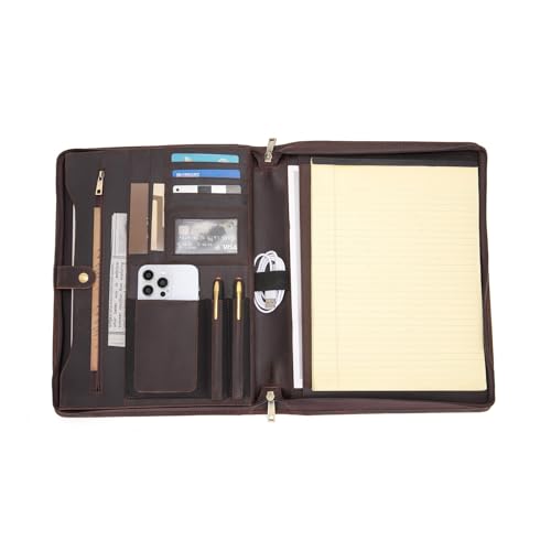 Geslun Genuine Leather Portfolio for Women and Men, 8.5 x 11 Legal Pad Padfolio, Zippered Notebook Organizer for 13” Laptop, Business Executive Professional Folio for Work, Dark Brown