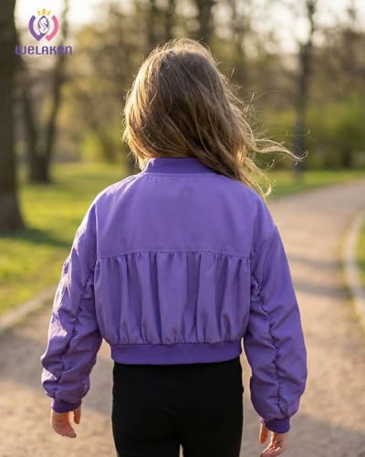 Image of WELAKEN Lightweight Multiple Pockets Zip Up Bomber Jacket for Girls Toddler & Kids II Little Girl's Casual Flight Crop Jacket