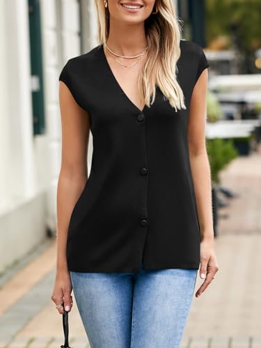 Saodimallsu Womens Deep V Neck Sweater Vest Sleeveless Knit Button Up Loose Fit Cap Sleeve Trendy Summer Tops4