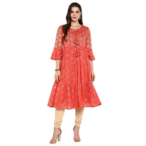 Image of BIBA Womens Round Neck Printed Kurta with Shrug
