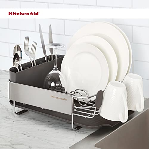 Image of KitchenAid Compact, Space Saving Rust Resistant Dish Rack with Removable Flatware Caddy and Angled Self Draining Drainboard, 16.06-Inch, Black