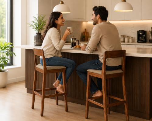 Image of Solid Sheesham Wood Bar Chair | Wooden Bar Stool for Kitchen Counter, Cafe, Dining & Home Bar | High Chair with Cushioned Seat | Brown Finish