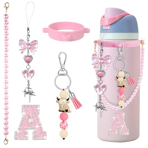 ANKUAITIAN Highland Cow Keychain for Owala Water Bottle Accessories Letter Stickers Pearl Handle Strap & Bow Charm Fits Owala FreeSip 24oz Coffee Tumbler Sway 30oz 40oz (A Pink Peony)