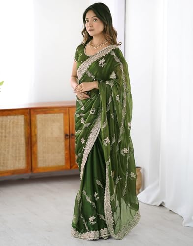 Image of SIRIL Women's Chiffon Scalloped Border Sequins Embroidery Saree with Unstitched Blouse Piece