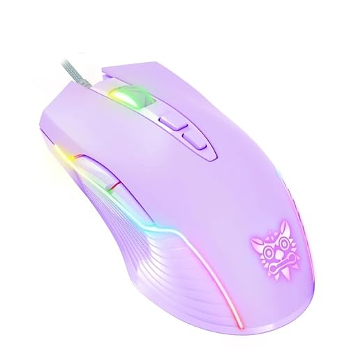 NEWSTYP Lindo mouse RGB 6400 DPI con cable para juegos, respiración, LED, óptico, USB, 7 botones, computadora gamer, ratones rosados para laptop, PC de escritorio (morado)