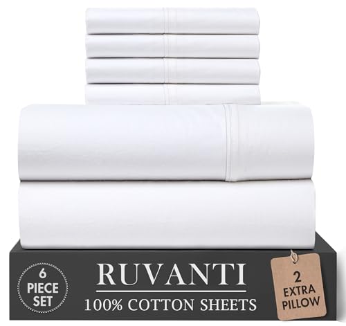 RUVANTI 100% Cotton Percale Sheets King Size 6 Piece Set, Cooling Bed Sheets for Hot Sleepers, Deep Pocket 16”, Breathable Lightweight & Durable, Crisp Hotel Style Sheets, Bright White
