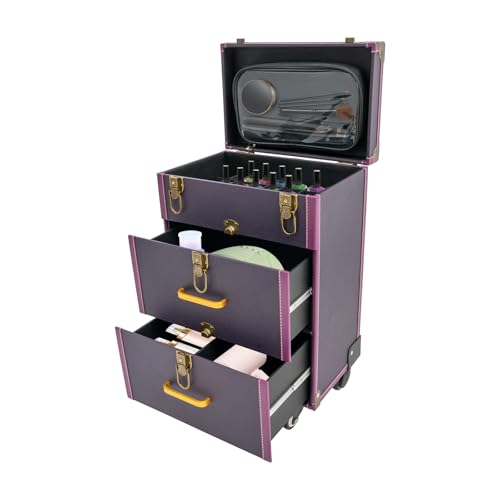 DCEHKR 3 Tiers Rolling Makeup Case Cosmetology Case On Wheels Large Makeup Trolley Case Makeup Rolling Case Lockable Cosmetic Case Organizer Right Angle Copper Latch (Purple)