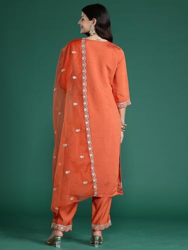 Image of INDO ERA Women's Silk Blend Embroidered Straight Kurta with Pant & Dupatta