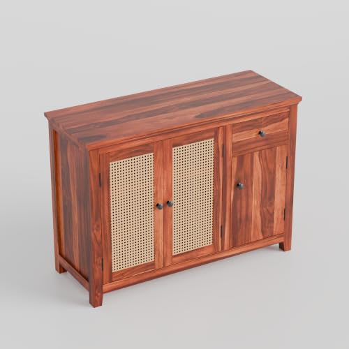 Image of Solid Sheesham Wood Sideboard Cabinet with 2 Cane Doors, Storage Shelves & Drawer | Wooden Storage Cabinet for Living Room, Dining Room & Hallway | Buffet Console Cabinet for Home Decor | Honey Finish