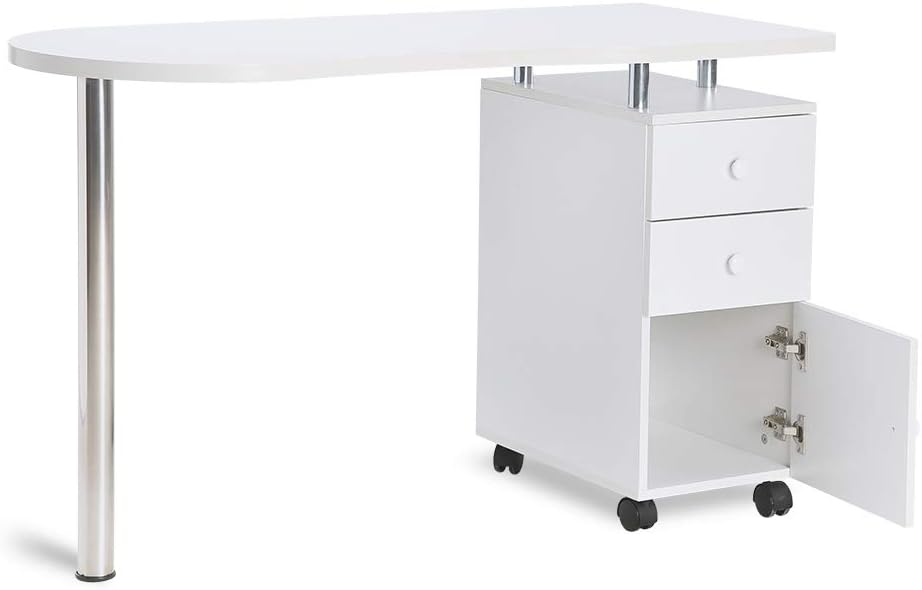 Beauty Nail Table, CAMORSA Manicure Table Nail Station Nail Desk 2 Drawers, Salon Workstation With Storage Drawers and Armrest