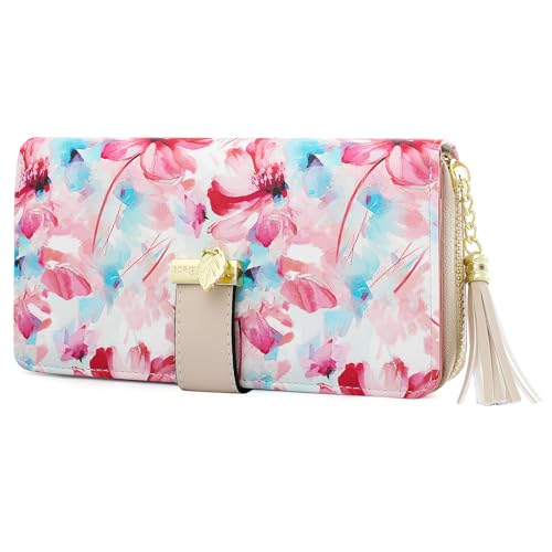 Image of Pomelo Best Womens Wallet RFID Blocking Wallet for Women Bifold Large Capacity Card Holder Ladies Long Purse with ID Window Zipper Coin Pocket Red Lotus