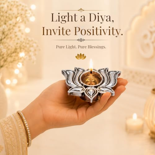 Image of Diviniti 999 Silver Plated Lotus Diya Set of 2 with Luxury Gift Box|Decorative Lotus Oil Lamp for Pooja Room, Home Temple & Diwali Decoration|Silver Finish Antique Diya for Gifting & Spiritual Decor