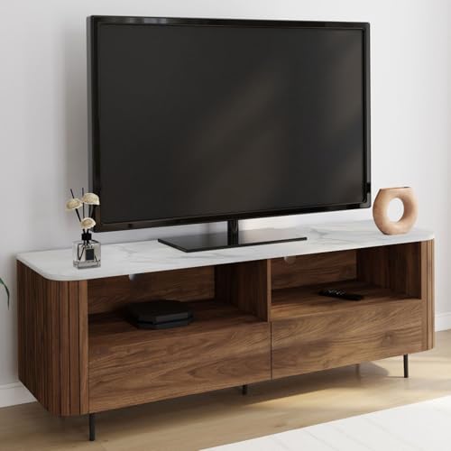 Meuble TV 140 cm MARLA noyer effet lattes 2 tiroirs et plateau ALASKA - vue 3