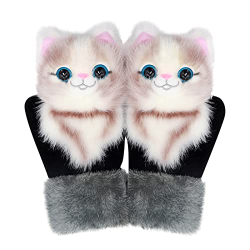 Gants Tricotés Chat Mignon pour Femmes de Dessin 3D animé avec Poupée en Peluche Hiver Chaud Mitaines à Doigt Complet Gants Fourrure Cover