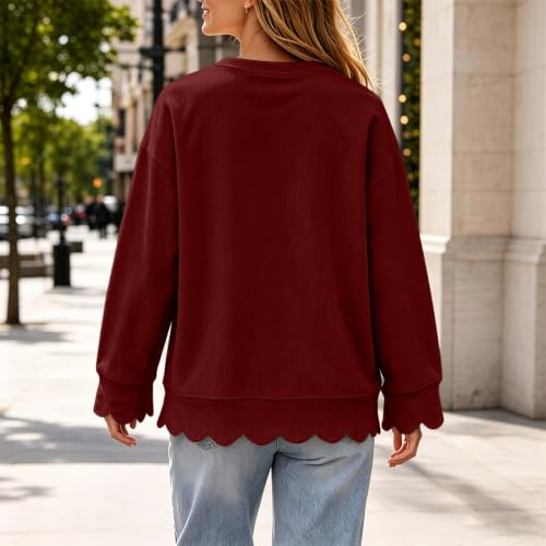 Womens Crew Necks Sweatshirts Fall Corduroy Long Sleeve Scalloped Tops - image 6