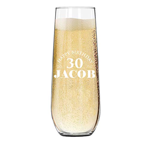 The Wedding Party Store Custom Monogrammed Happy Birthday Wine Glass, Shot Glass, Beer Glass, Champagne Flute - Customized Present for 30th, 40th, 50th, 60th Celebration (6 oz Stemless Flute)