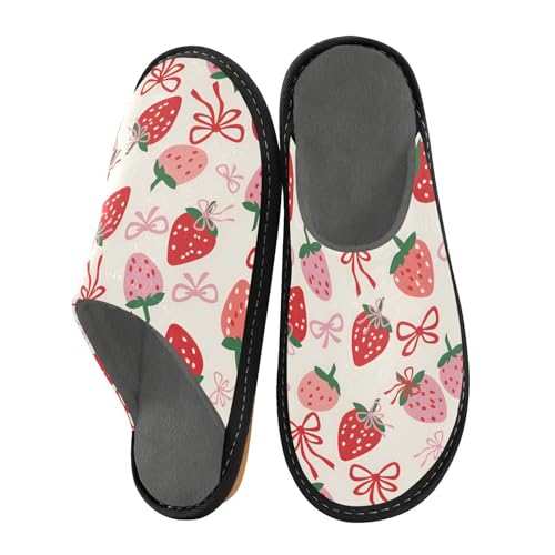 Slippers for Women Strawberry Simple Lines Bow Pattern Soft Winter Warm Shoes Indoor Outdoor Non-Slip House Travel Slippers