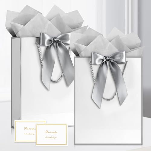 Image of JMANNI Gift Bag, 2PCS Gift Bags Large with Ribbon and 2 Greeting Cards 4 Tissue Paper, Portable Paper Gift Bag with Handles, Birthday Gift Bags,Present Bags for Wedding Party Mothers Day(White-Sliver)