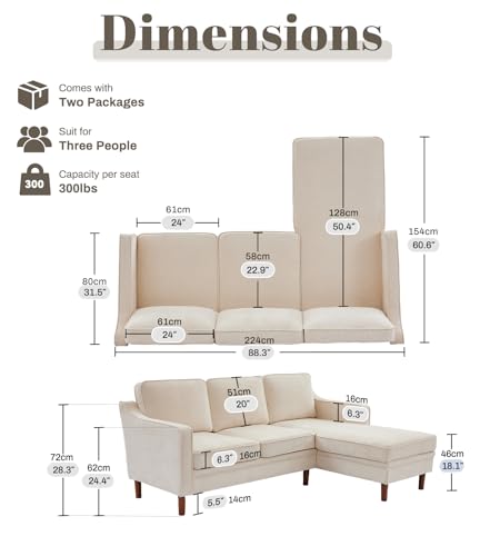 Image of Kingfun 88 inch L-Shape Sofa, Chenille Sectional Couch, Mid Century Modern Couches with Solid Wood Frame for Living Room Bedroom