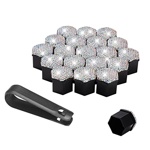 Image of Blueshyhall 21mm Bling Crystal Wheel Lug Nut Cover Bolt Caps Anti-Rust Car Tire Nut Cover with Removal Tool (Pack of 20) - White AB