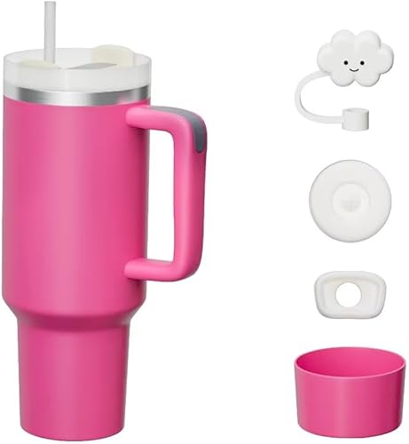 KISSKIND Vaso de 40 onzas con asa y pajilla, tapa de copa rosa intenso, tapa de silicona a prueba de fugas, tapa de pajilla, vaso rosa caliente,