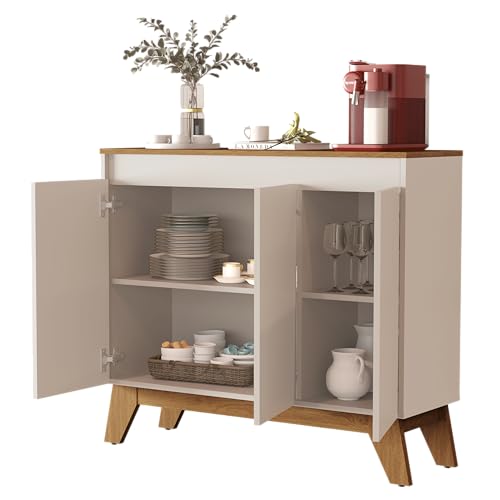Buffet Cancun 3 Portas Aparador Balcão Cantinho Do Café Para Sala De Estar (Off White/Freijó)