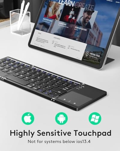 Image of Foldable Bluetooth Keyboard with Touchpad, Rechargeable Slim Travel Tri-Fold Wireless Portable Keyboard, for Tablet, Laptop Black and Silver FOLDPREM88