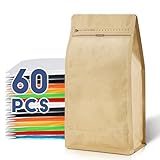Coffee Bags with Valve(60pcs,16 oz,1 lb) Vented Coffee Beans Packaging Bags High Barrier Aluminumed Foil Flat Bottom Heat Sealed Side Zipper Resealable Storage Bag for Home or Business（Kraft Paper）