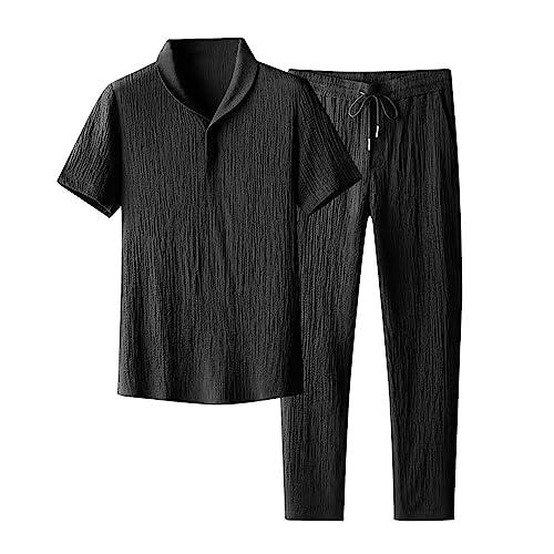 Generico Chándal deportivo de verano para hombre, conjunto de 2 piezas completo de algodón y lino, camisa y pantalones, mono de 2 piezas, elegante deportivo, conjunto casual de verano para playa