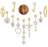 MILACOLATO 14K Gold Plated Belly Button Ring - Hypoallergenic Surgical Stainless Steel Belly Rings for Women CZ Heart Clicker Floating Belly Button Piercing Pack Dangle Navel Rings G-White CZ