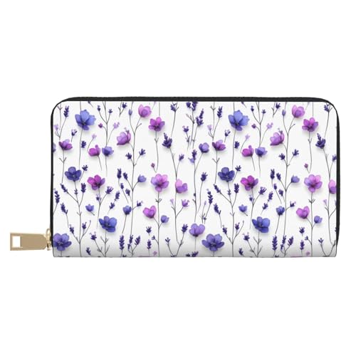 Leather Thin Slim Wallets for Women Men - Fashion Lavender Purple Flower Print Card Wallet Holder with Zipper