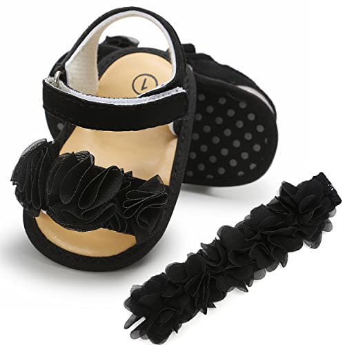 Ohwawadi Baby Girl Black Sandals Floral Princess Mary Jane Wedding Party Dress Shoes With Floral Headband Soft Summer Infant Newborn Crib Shoes #TOP7