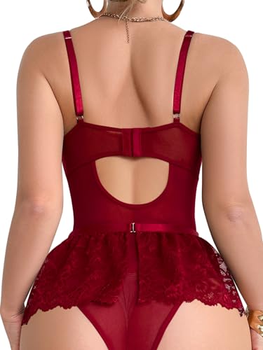 Image of Foxiny Sexy Lingerie Set 3 Piece Women Corset Bodysuit | Sheer Mesh Lace Push-Up Underwire Heart Garter Stocking Plus Size Curvy Exotic Costume Halloween Christmas Valentine's Day