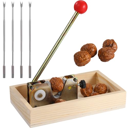 Heavy Duty Nut Cracker with Red Ball Handle, Adjustable Lever, Wooden Base, 4 Nut Picks for Easy Use