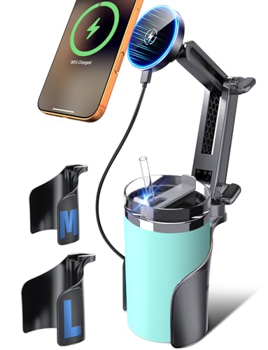 ELWEY for Magsafe Car Mount Charger Wireless Upgraded 3 in 1 Cup Phone Holder with Dual Flexible Bases 15W Fast Charging Phone Holder Magnetic Powerful N55 Magnet 15 Height for iPhone 17 16 15
