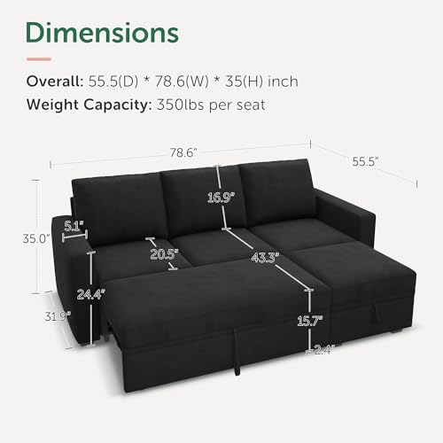 Image of HONBAY Modular Sectional Sleeper Sofa with Pull Out Bed, L Shaped Couch with Storage Seat, Modular Sectional Couches for Living Room - Black