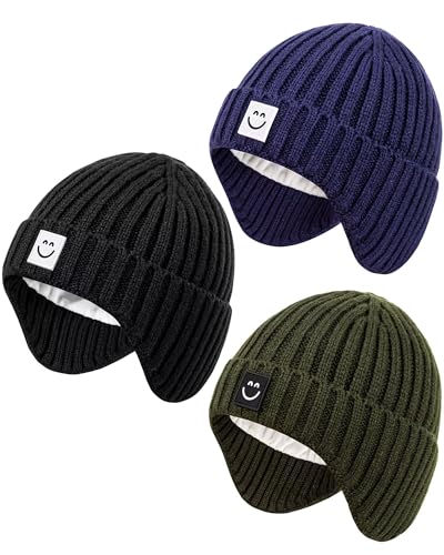 Image of Alepo 3 Pack Baby Beanie Hats with Earflaps, 2 Size Baby Winter Hat for Toddler Kids, Fleece Lined Knit Hat for Girls Boys