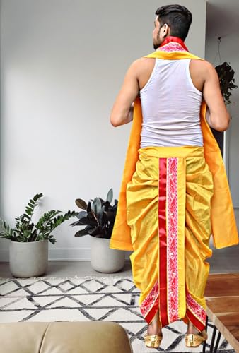 Image of Men's Ethnic | Traditional Ready to wear (Pant System) Readymade Panchakacham Dhoti With Angavastram(Towel) Set, Tassar Silk, Free Size (GC002)