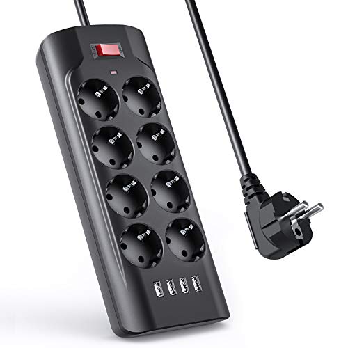 8-Fach Steckdosenleiste mit 4 USB-Anschlüsse,Überspannungs Geschützte Mehrfachsteckdose,3000W/13A,Schnellladung,2M Kabel Verlängerungskabel