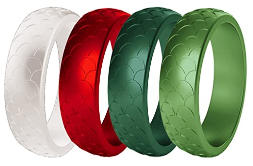 Women Silicone Wedding Band 4 Colors a Set Outdoor Sports Dome Top Fish Scale Surface Rubber Rings,US Size 4-10