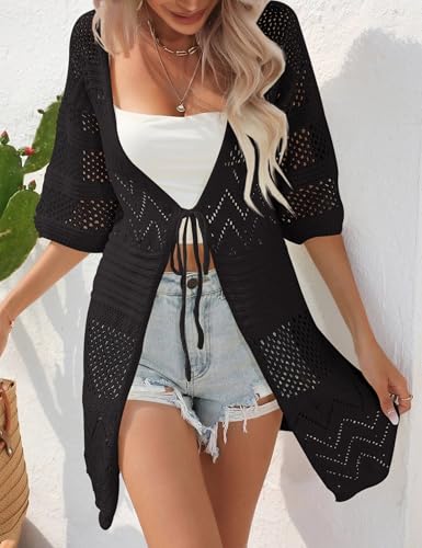 Image of Short Sleeve Crochet Cardigan Tie Front Lightweight Oversized Cardigans Boho Knitted Boho Beach Cover Ups