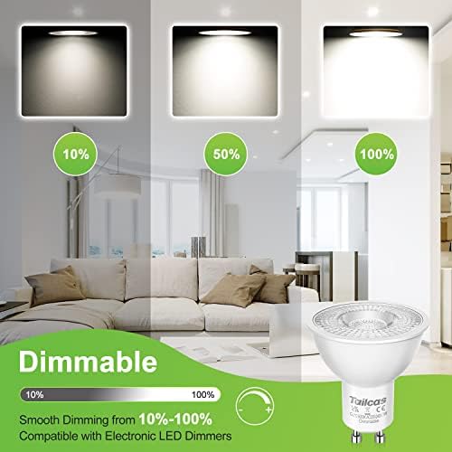 Tailcas GU10 LED Bulbs Dimmable, Cool White 6000K Spotlight Daylight, 7W LED Light Bulb Equivalent 50W Halogen, 500LM Energy Saving Lamps, 38° Beam Angle 220-240V No Flickering, Pack of 10
