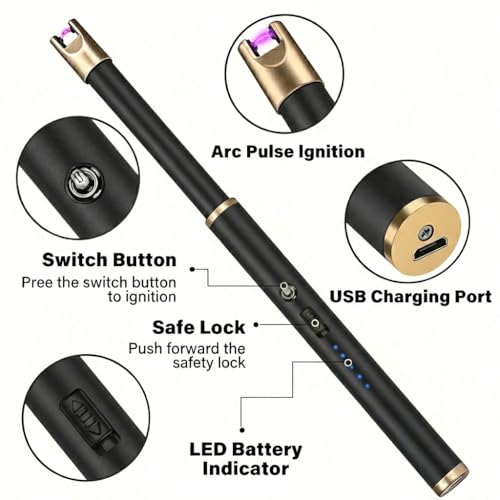 Image of Electric Candle Lighter Windproof USB Rechargeable Flameless Long Neck Lighter for Candles Gas Stove Fireplace BBQ Kitchen Grills (Gold) (Black Champagne Gold)