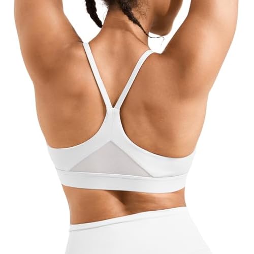 Womens Comfort Y Back Sports Bras - Medium Impact Supportive Workout Bra - Spaghetti Straps Yoga Bra Tops with Removable Pads White Small